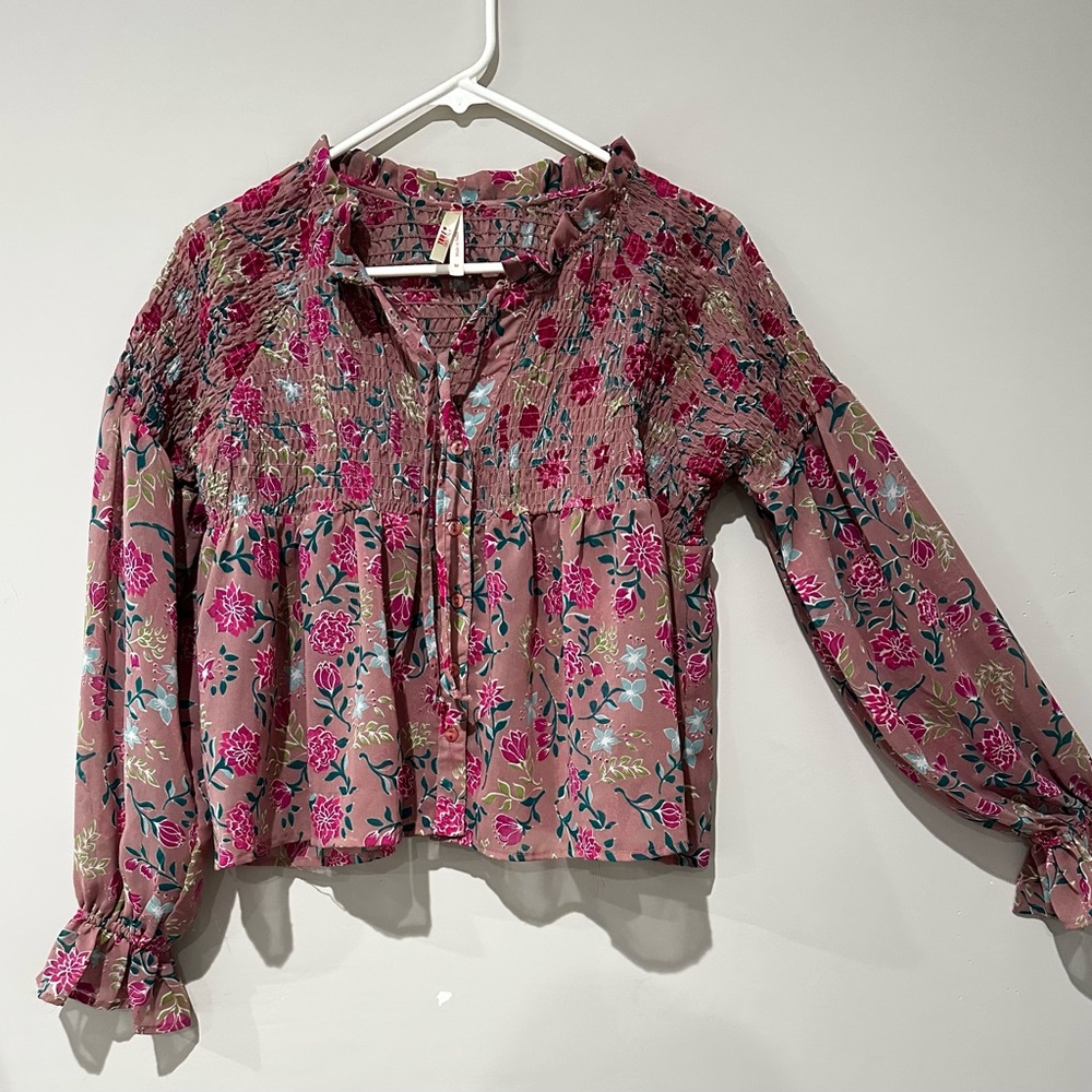True Destiny Women Floral Smocked Boho Blouse Tie Neck Long Sleeve Pink Size M